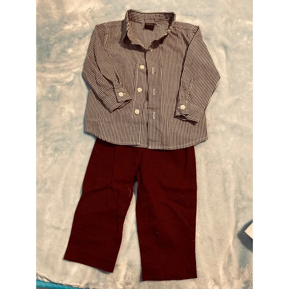 Nautica Boys 12M 2pc Set Gingham‎ Button Down Shirt and Burgundy Pants Outfit